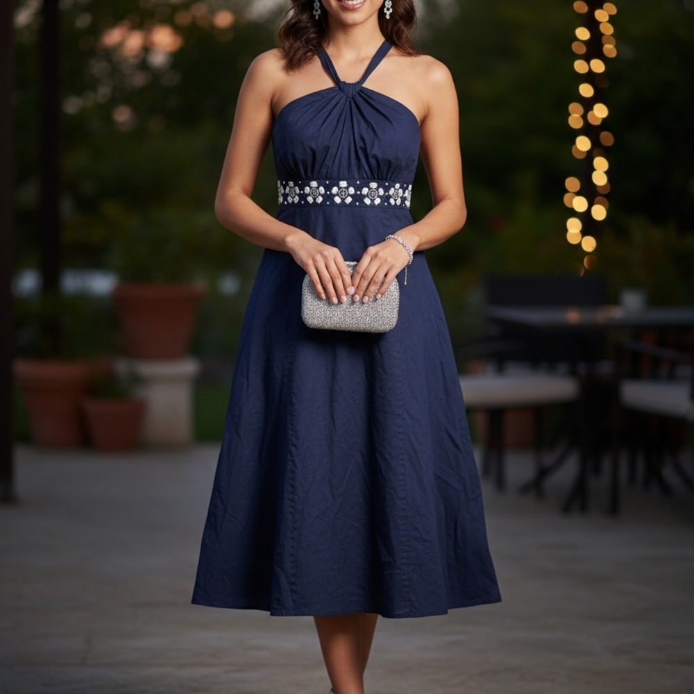 LOFT Navy Blue Halter Midi Dress with Embellished Waist